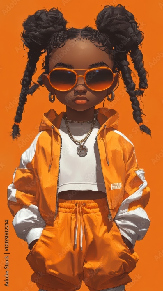 A young girl with braided hair wears sunglasses and a sporty outfit A young girl with braided hair wears sunglasses and a sporty outfit