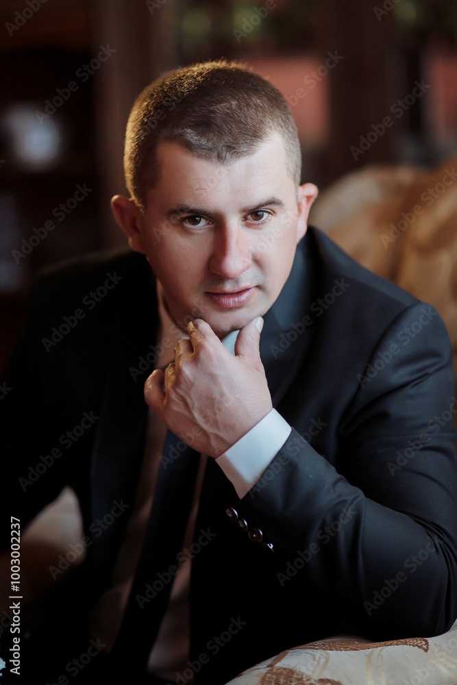 A man in a suit is sitting on a couch and looking at the camera. He is wearing a tie and has his hands folded in his lap. Concept of formality and professionalism