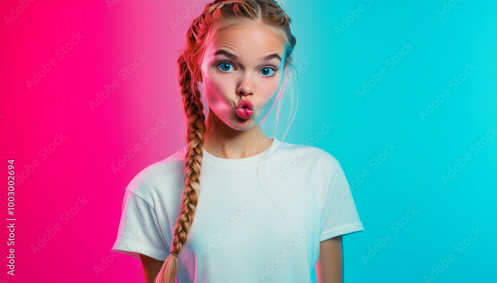 Blonde two braid haired girl, vibrant color fade background, various emotions Blonde two braid haired girl, vibrant color fade background, various emotions