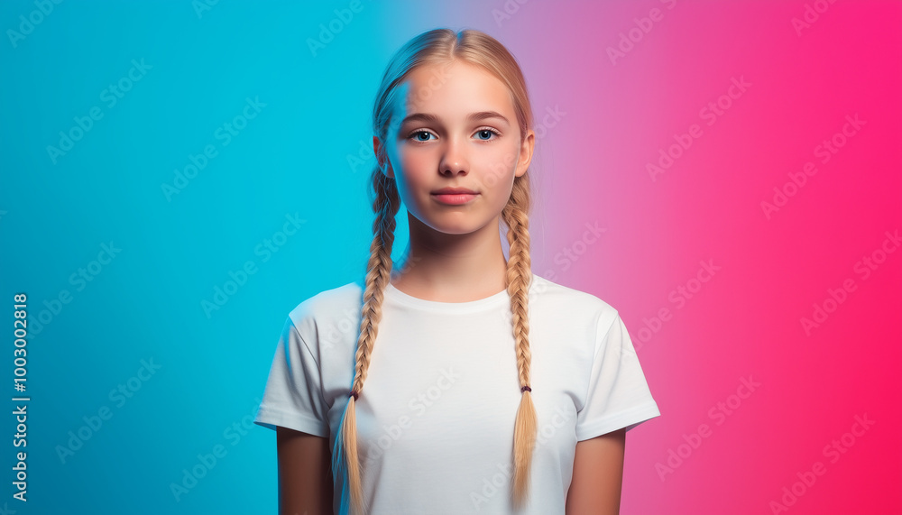 Blonde two braid haired girl, vibrant color fade background, various emotions Blonde two braid haired girl, vibrant color fade background, various emotions