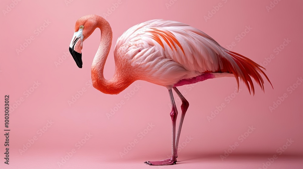 Fototapeta premium A graceful flamingo stands on one leg its feathers ruffled