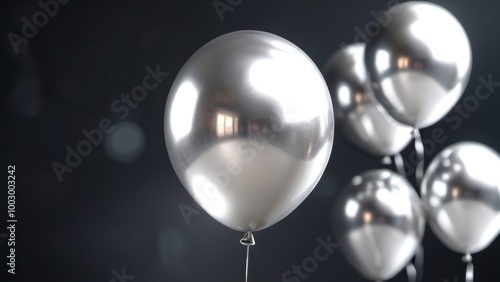 Silver balloons floating against a black background, creating a striking contrast and festive atmosphere.