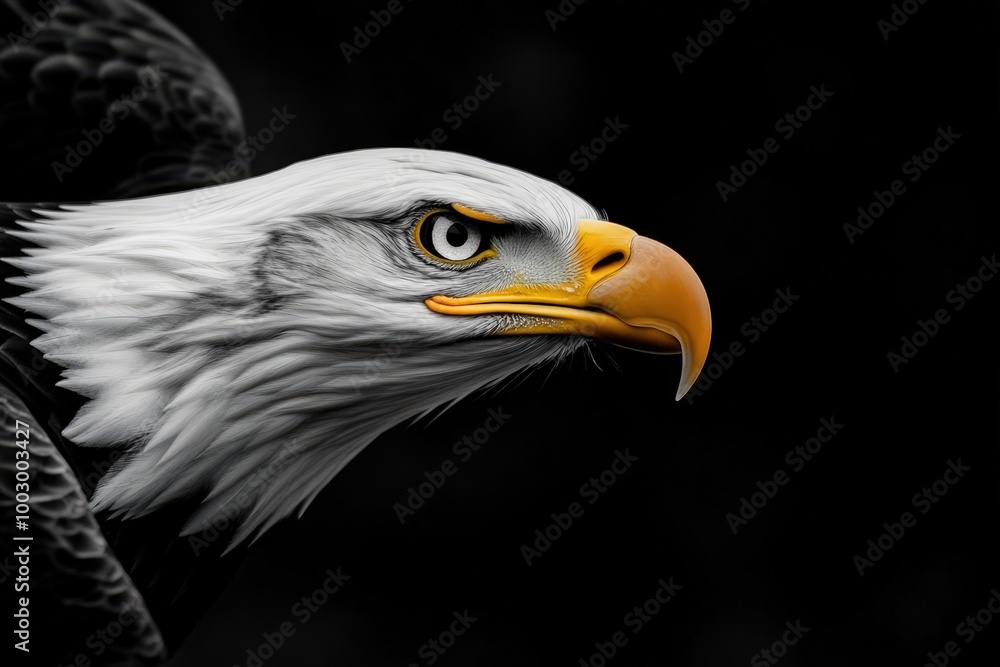 A detailed side view portrays the bald eagle's striking features: its sharp beak and intense yellow eye stand out against the stark black background. A detailed side view portrays the bald eagle's striking features: its sharp beak and intense yellow eye stand out against the stark black background.