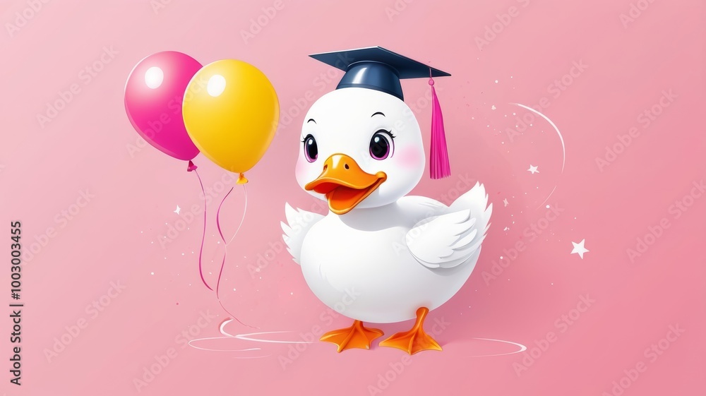 A cartoon duck in a graduation cap joyfully holds colorful balloons, celebrating its achievement. A cartoon duck in a graduation cap joyfully holds colorful balloons, celebrating its achievement.
