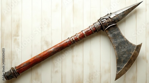 Ornate double-edged battle axe with wooden handle and metal accents photo