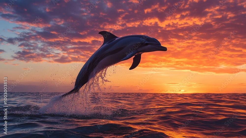 Fototapeta premium Dolphin Leaping Against a Colorful Sunset Sky