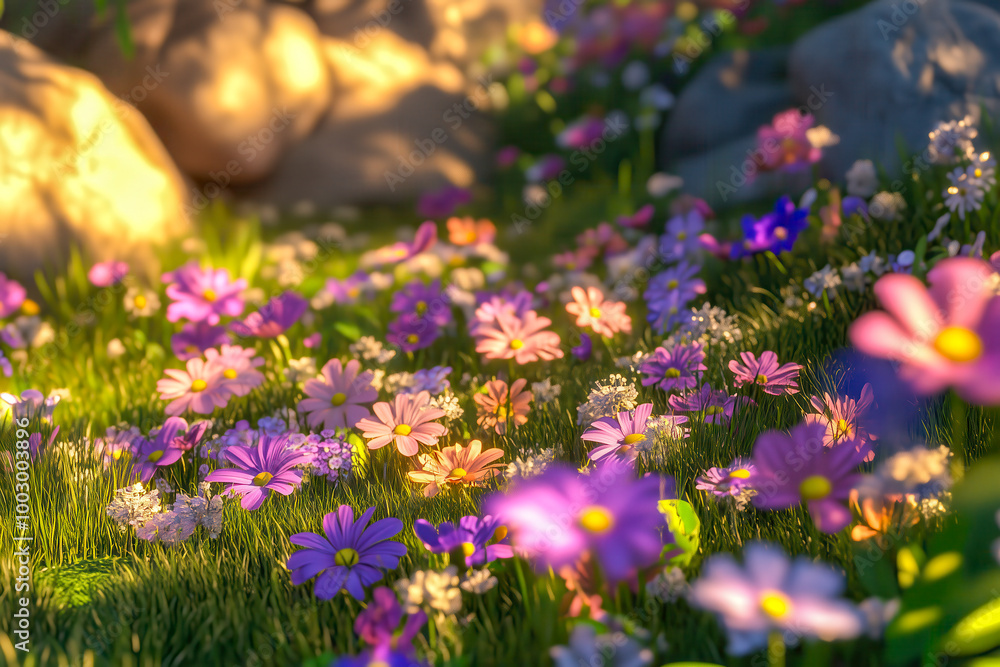 Obraz premium Tranquil meadow carpeted with wildflowers of all shapes and sizes