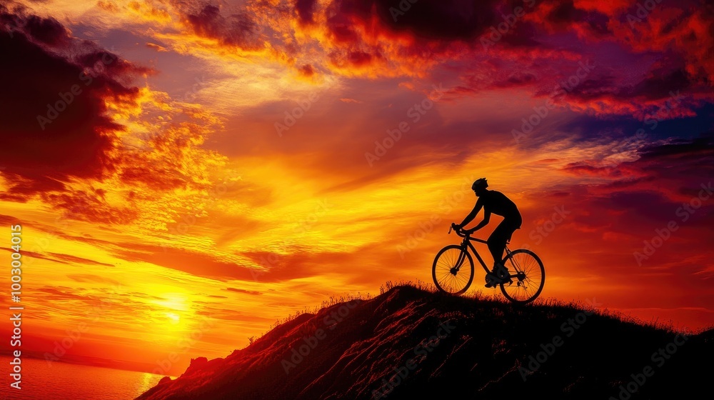 Obraz premium Silhouette of Cyclist Against Vibrant Sunset Sky