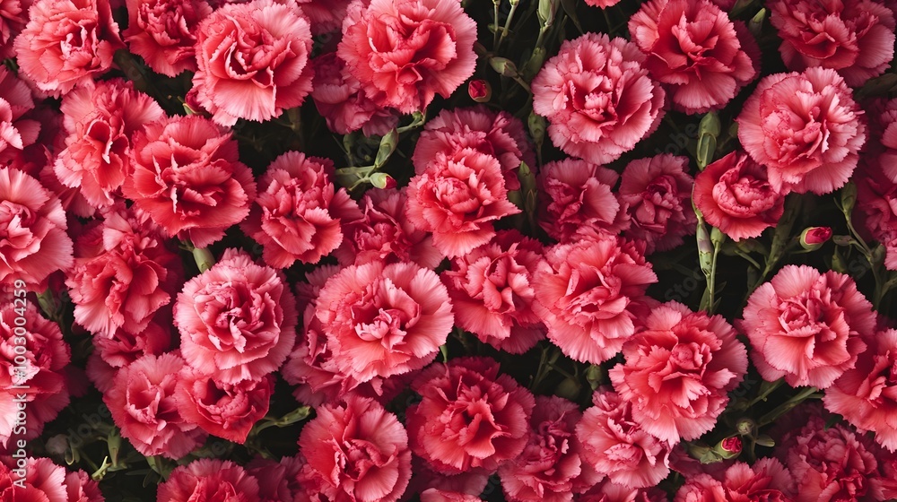 a dense cluster of pink carnations. The flowers are in full bloom, displaying layers of ruffled petals. The background is filled with these blossoms, creating a vibrant and lush floral pattern. a dense cluster of pink carnations. The flowers are in full bloom, displaying layers of ruffled petals. The background is filled with these blossoms, creating a vibrant and lush floral pattern.
