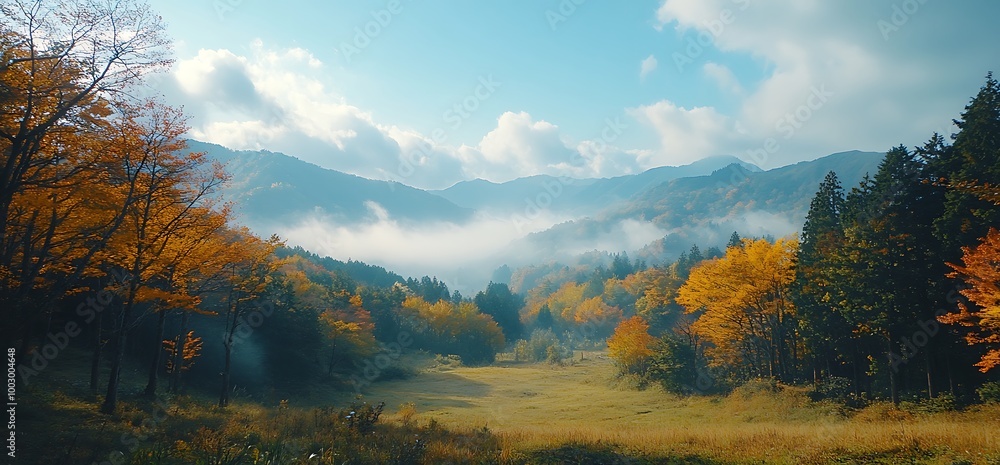 Fototapeta premium Picturesque autumn forest valley shrouded in morning mist.