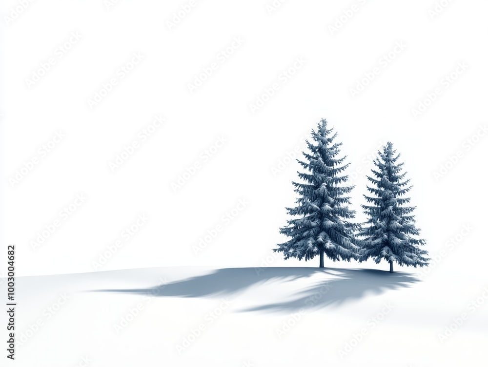 Fototapeta premium Two evergreen trees stand in a snowy field, casting long shadows under the clear winter sky, highlighting the serene surroundings