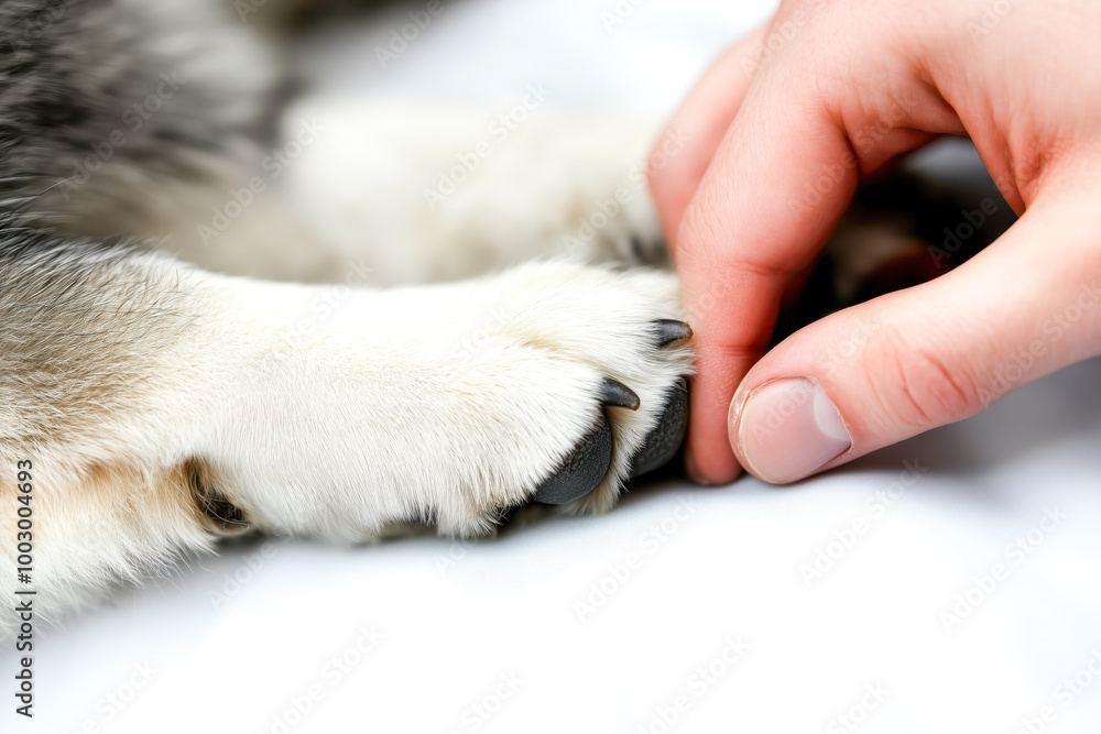 Veterinarian examining paw of grey dog near colleague Veterinarian examining paw of grey dog near colleague