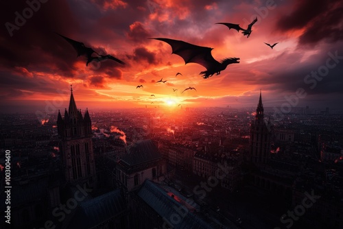 A swarm of dragons fills the sky, silhouetted against a dramatic sunset over a sprawling city, sparking imagination and conveying a sense of grandeur and fantasy. photo