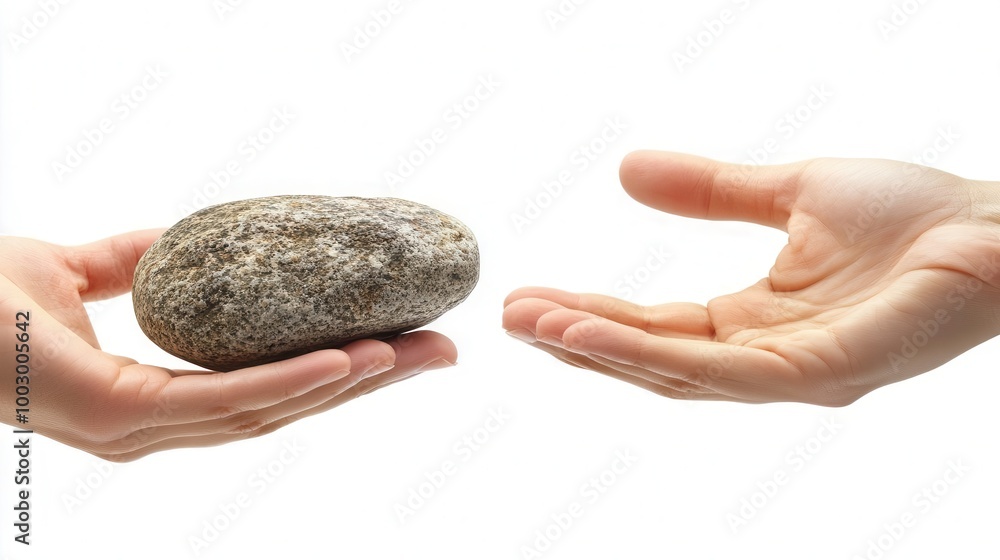 Two hands one holding a smooth stone the other outstretched in anticipation Two hands one holding a smooth stone the other outstretched in anticipation