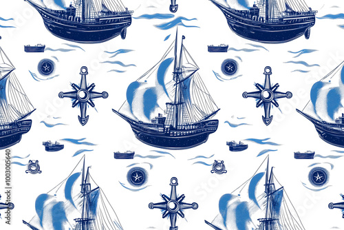 Seamless wallpaper pattern with vintage nautical elements like anchors, ships, and compasses in navy blue and white photo