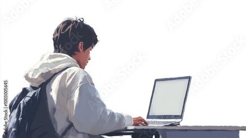 A young person sits at a desk working on a laptop