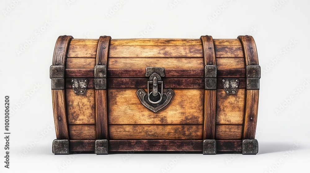 A weathered wooden chest with metal accents and a secure lock A weathered wooden chest with metal accents and a secure lock