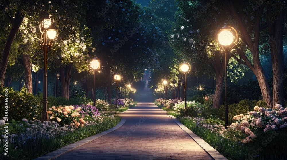 Serene Night Stroll in a Beautiful Garden Pathway Serene Night Stroll in a Beautiful Garden Pathway