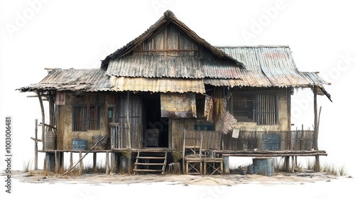 A weathered wooden hut with a corrugated metal roof and a porch