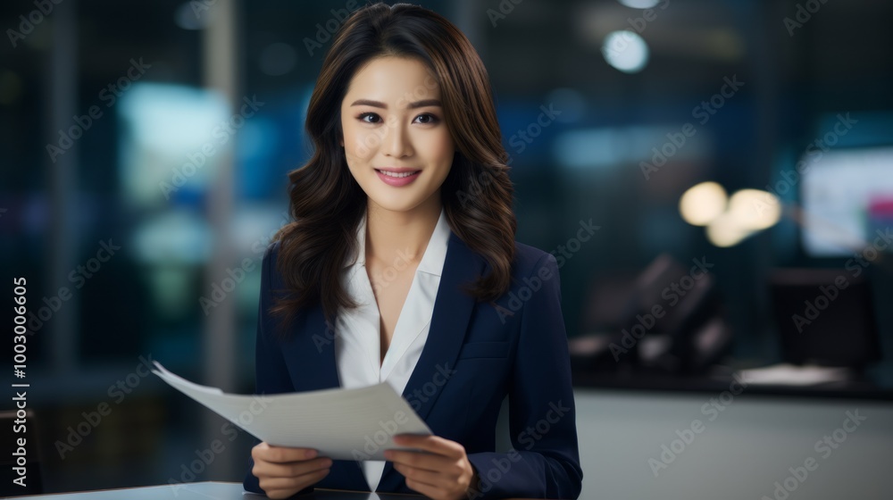 Beautiful Asian female news anchor in studio at broadcast room. Neural network ai generated art