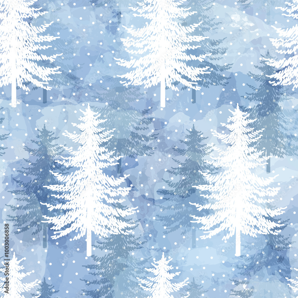 Obraz premium Christmas tree seamless pattern. Noel watercolor print, New Year winter decoration, silver and blue Christmas background with firs and white snow, wallpaper, wrapping paper design