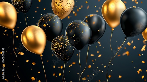 Get incredible discounts on Black Friday! Realistic 3D black and gold balloons with shimmering gold confetti against a dark background photo