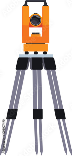 Orange theodolite on a tripod, surveying equipment measuring angles in horizontal and vertical planes
