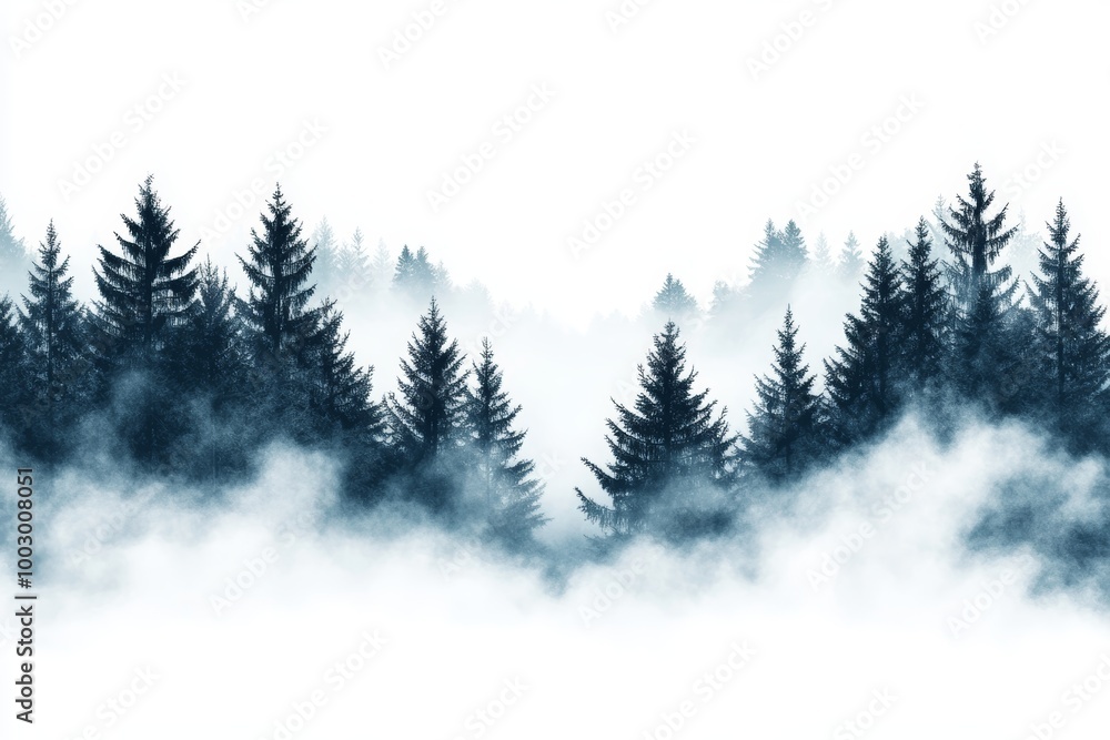 Fototapeta premium Tall evergreen trees rise above a blanket of fog, creating a serene atmosphere in the misty morning light