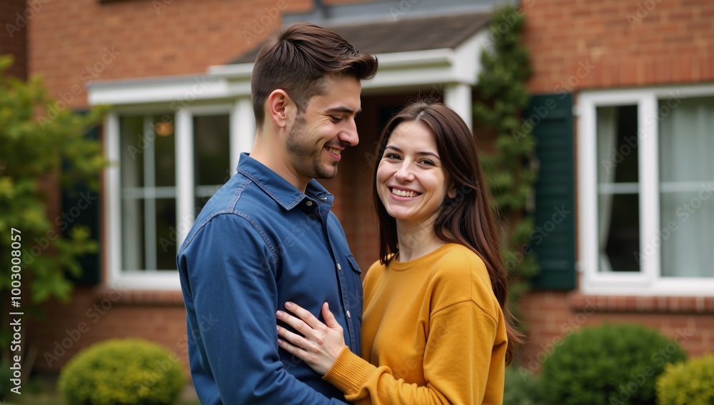 Fototapeta premium Young couple embracing happily in front of their newly purchased home depicted in neural-network art style