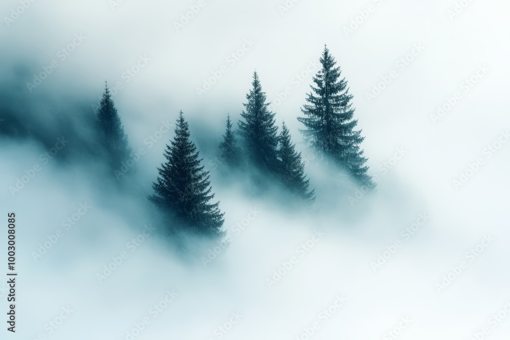 Obraz premium Evergreen trees emerge from a thick layer of fog, creating a serene and mysterious atmosphere in the forest