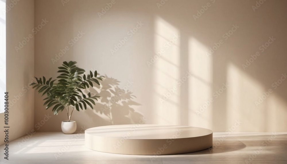 .table on warm beige wall background with sun rays and plant, empty concept mockup for your idea, ai generated, ai .table on warm beige wall background with sun rays and plant, empty concept mockup for your idea, ai generated, ai