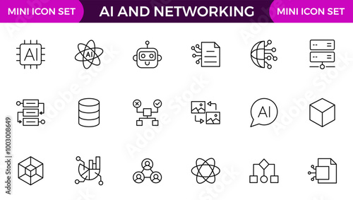 Artificial intelligence and Networking technology icon set. AI and networking editable line icon illustration.