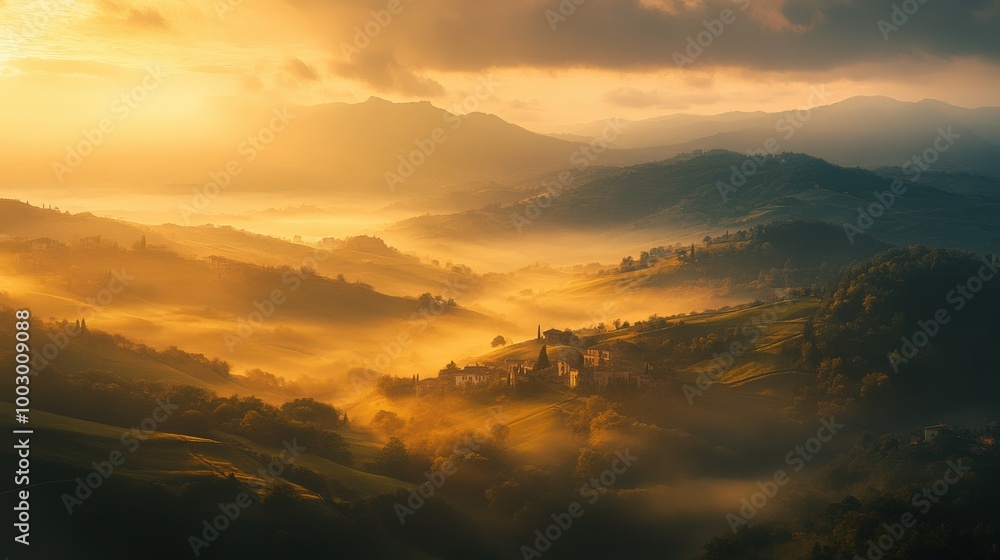 Obraz premium Gentle sunlight breaks over the horizon, casting a warm glow on a peaceful village nestled among soft, rolling hills. Mist drapes the landscape in a dreamlike embrace