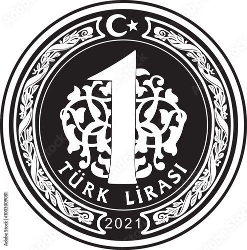 Turkish one lira coin vector design handmade silhouette.