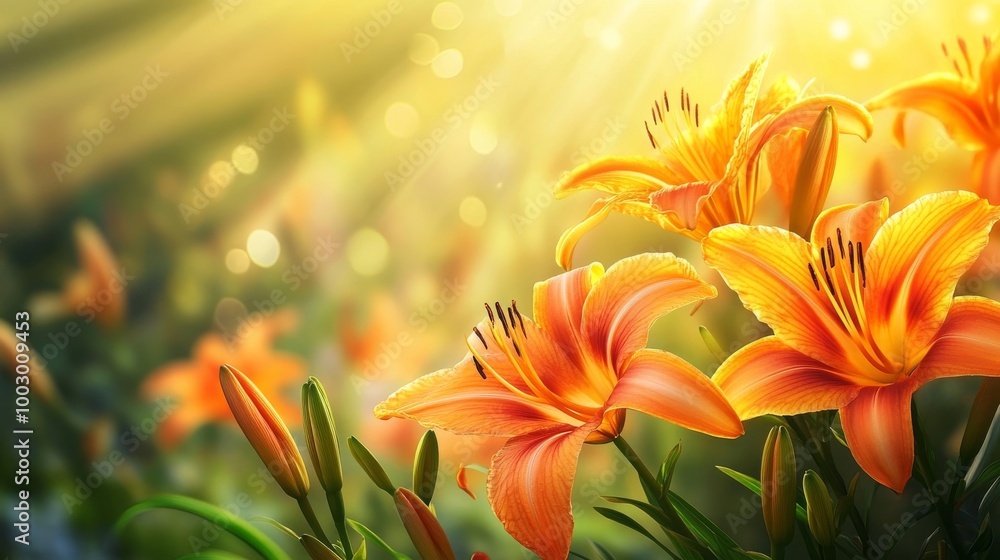 Fototapeta premium Day lilies bloom in summer, turning orange.