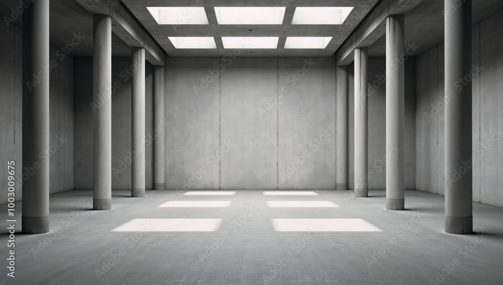 Modern abstract concrete room featuring tall pillars square ceiling lights and rough floors in an industrial style setting Modern abstract concrete room featuring tall pillars square ceiling lights and rough floors in an industrial style setting