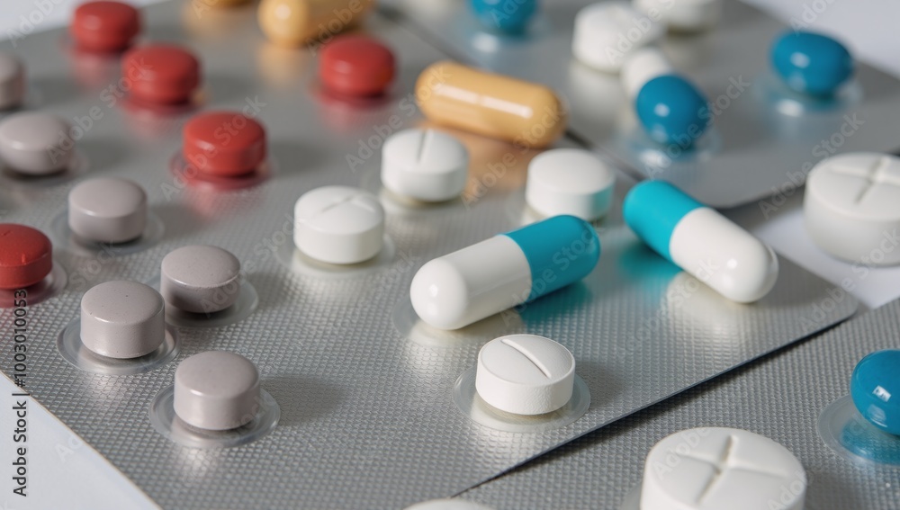 Close-up view of multiple pills and capsules within their respective blister packs Close-up view of multiple pills and capsules within their respective blister packs