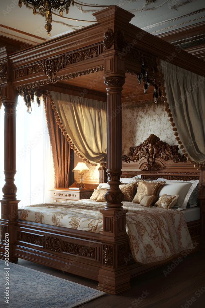 Fototapeta premium Luxurious Baroque-Style Bedroom with Ornate Wooden Bed and Chandelier