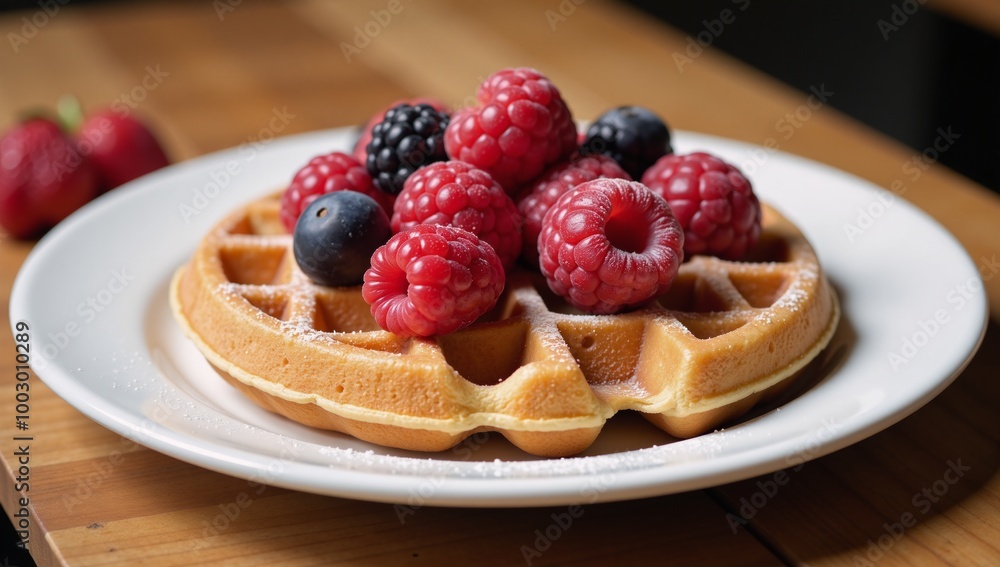 Hand-drawn waffle with sparkling berry detail breakfast scene Hand-drawn waffle with sparkling berry detail breakfast scene