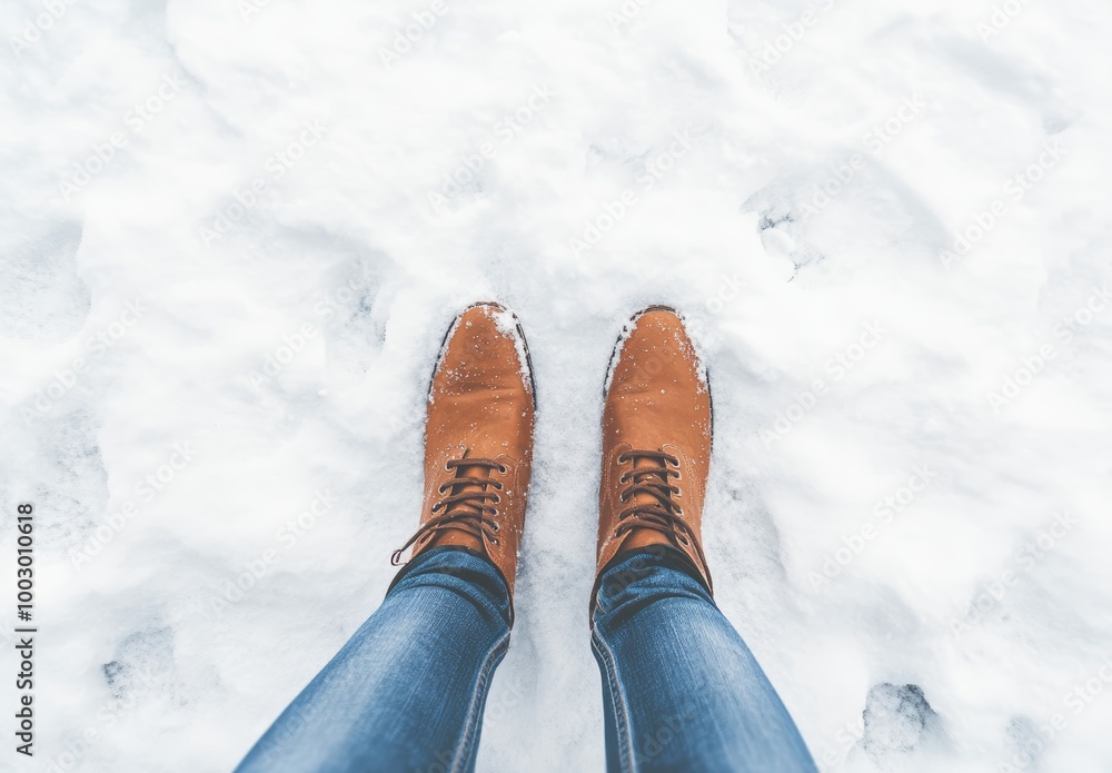 A person stands in deep snow, showcasing their brown boots and blue jeans, enjoying a winter day outdoors A person stands in deep snow, showcasing their brown boots and blue jeans, enjoying a winter day outdoors