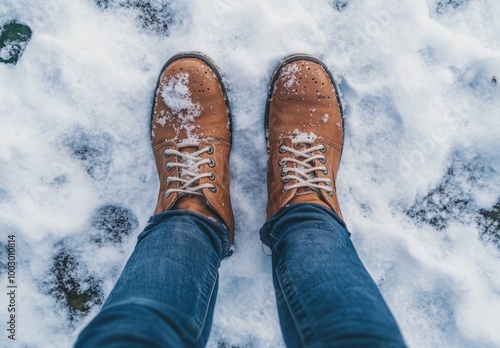 Brown leather boots leave footprints in the fresh snow as a person enjoys the chilly winter weather