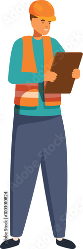 Construction manager wearing orange vest and hardhat holding clipboard, inspecting building site