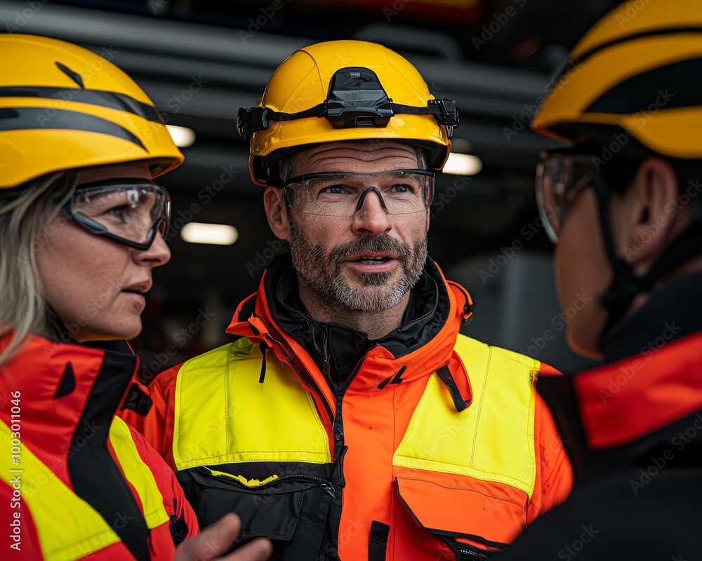 Intense Work Discussion in Industrial Setting Grey-Bearded Man in Yellow Hard Hat with Headlamp, Bright Red Jackets, Professional Team Meeting, Safety Training Concept Intense Work Discussion in Industrial Setting Grey-Bearded Man in Yellow Hard Hat with Headlamp, Bright Red Jackets, Professional Team Meeting, Safety Training Concept