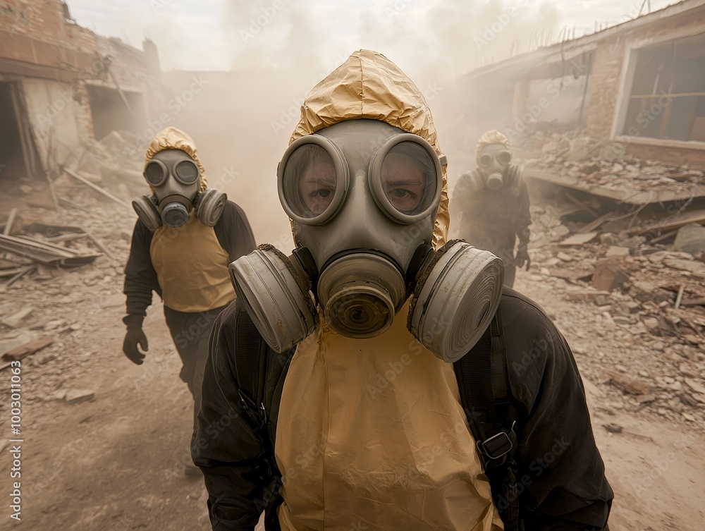 Eerie Close-Up of Gas Masked Figure in Post-Apocalyptic Wasteland - Mystery, Survival, Catastrophe Concept Eerie Close-Up of Gas Masked Figure in Post-Apocalyptic Wasteland - Mystery, Survival, Catastrophe Concept