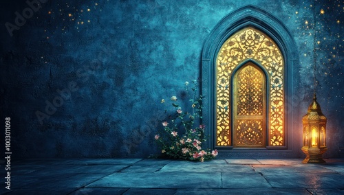 Islamic background design for Ramadan with a mosque and lantern for a banner  frame or template on a white empty space background.