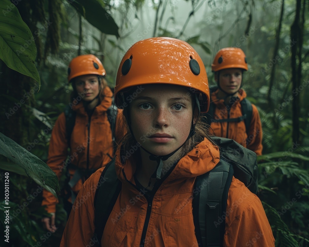 Fototapeta premium Intrepid Jungle Explorers Close-up Trio in Orange Hard Hats Facing Camera in Lush Wild Setting - Adventure Travel Concept