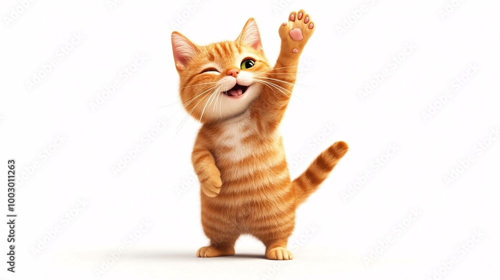 Obraz premium Adorable cat smiling and giving a high five on white background