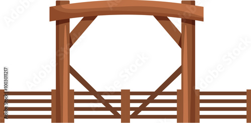 Illustration of a wooden gate entrance with an arch and fence, isolated on a white background