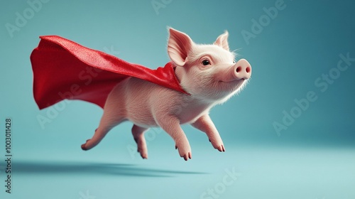 A piggy in a red superhero cape, flying