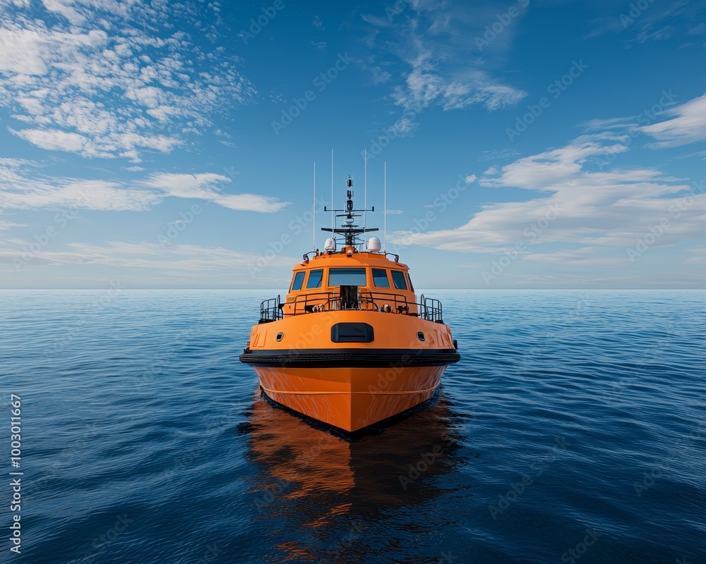 Fototapeta premium Vibrant Orange Pilot Boat on Serene Blue Seascape - Marine Navigation Concept